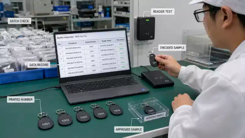 Encoded gym RFID key fob sample testing with reader verification, printed number checks and production batch inspection Encoded gym RFID key fob sample testing with reader verification, printed number checks and production batch inspection